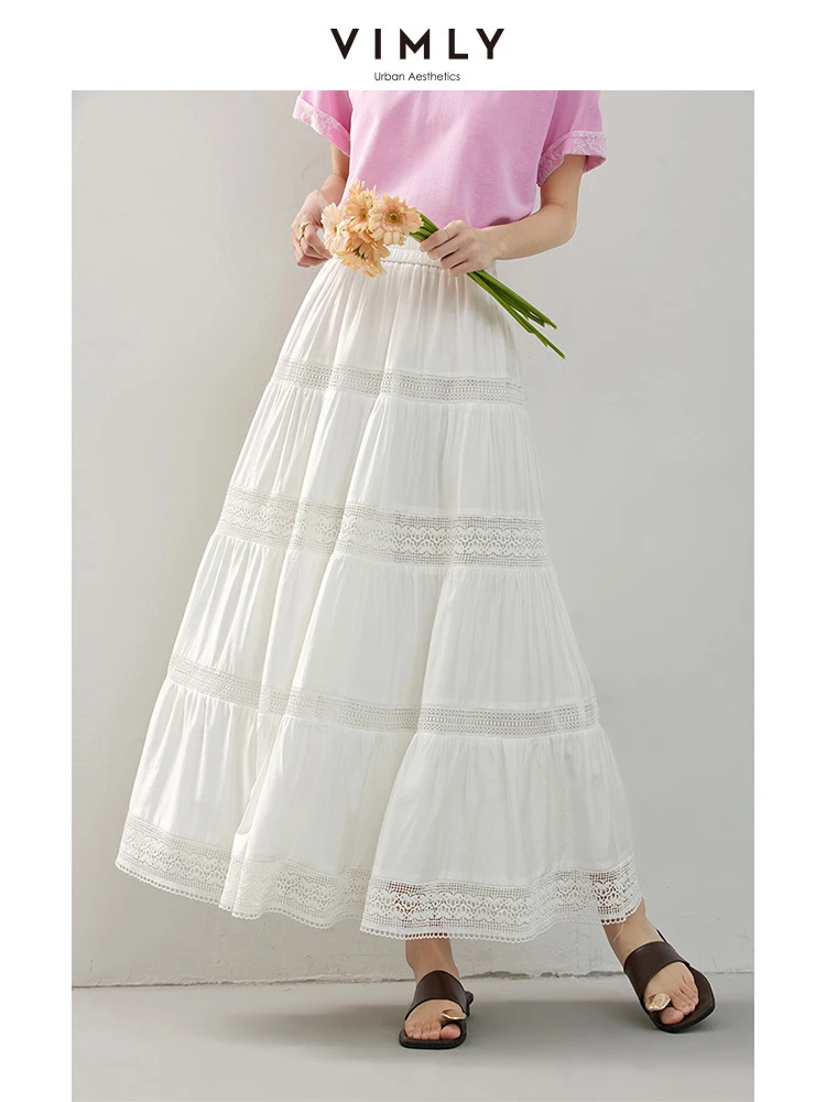 

VIMLY White Midi Skirts Women's Summer Elegant 2025 Summer French Splicing Lace A-line Loose BUD Skirts Woman Clothing A1911