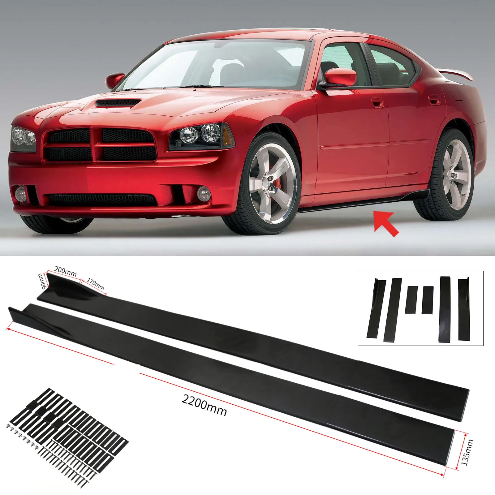 

86.6" Side Skirt Rocker Panel Splitters Lip Glossy For Dodge charger SRT8 2006