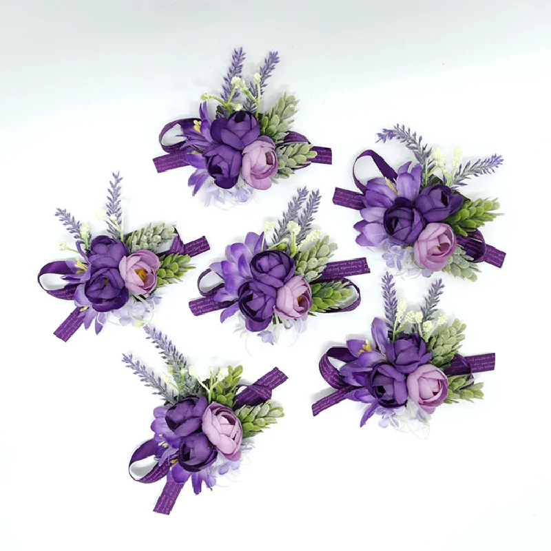 Boutonniere roxo e pulso Corsage, Suprimentos do casamento, Simulação Floral Flores, Celebração de Negócios, Convidados, 439