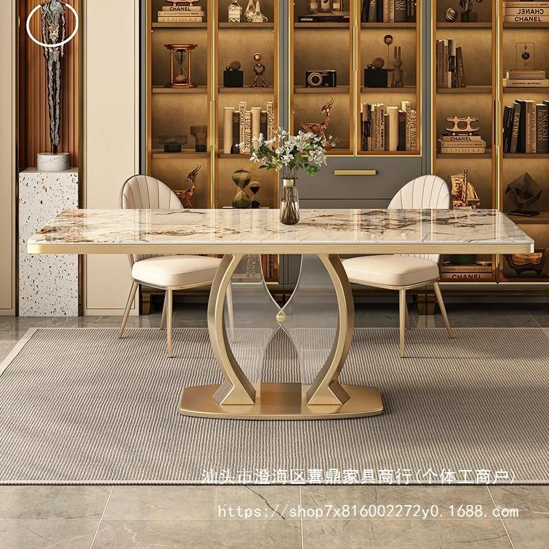 Rock Slab Dining Table And Chair Combination Titanium Stainless Steel Chassis Bright Large Plate Dining Table Light Luxury High-