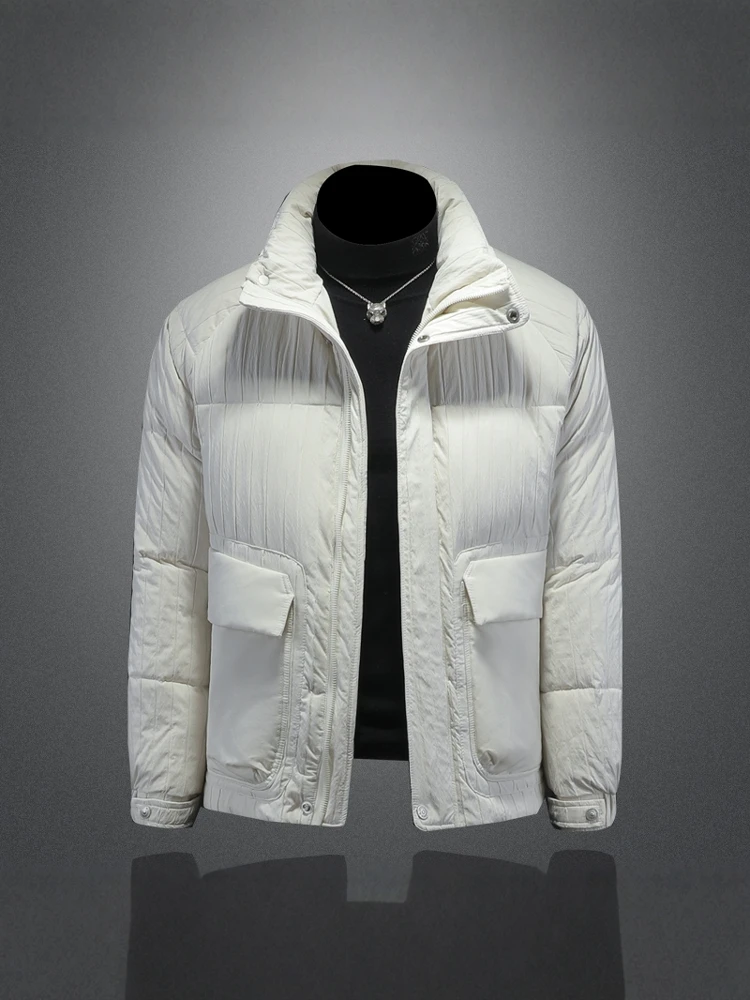 

Men's Thiened Stripe Pattern down Jaet Winter Faion Brand Pleated Design Warm Outerwear Modern Sle Long Sve Zipper...