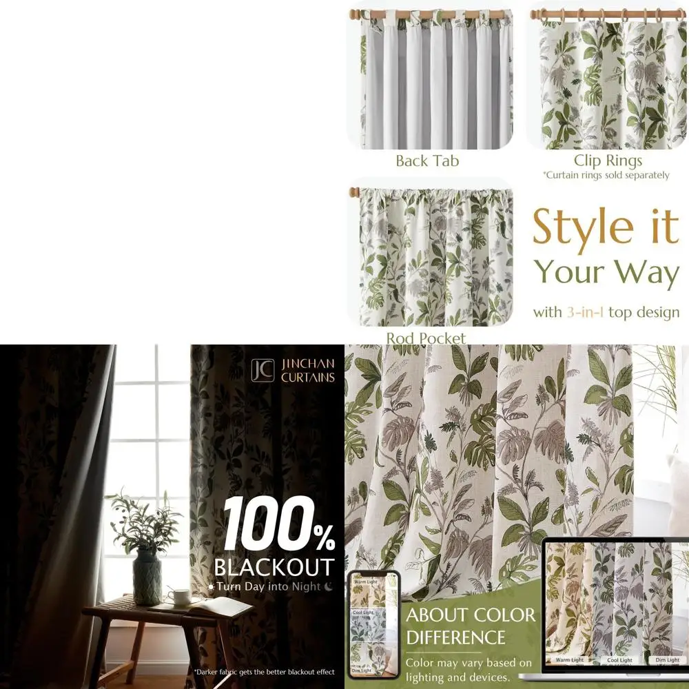 

Linen Tropical Green Leaf 96 Blackout Curtains with Lining for Bedroom, Living Room, Farmhouse Style