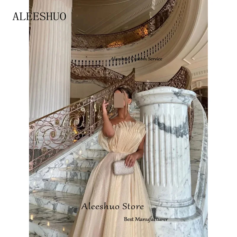 Aleeshuo Luxe Strapless Tule Promjurk Mouwloze Vintage Vloer-Lengte Vestidos De Noche Ruche A-Line فساتين مناسبة رسمية