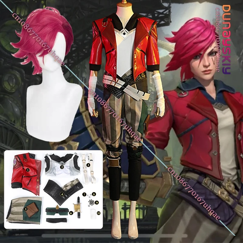 LOL Arcane Vi Cosplay Costume Game Arcane LOL Vi Role-Playing Subdue Red Short Leather Suit Wig Accessory Anime/Halloween Party8