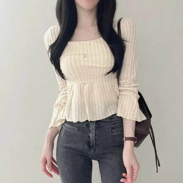 

Шикарный дизайн, вязаный свитер, женский квадратный воротник, расклешенный по талии Sve ort Top Faionable, универсальный Boting irt