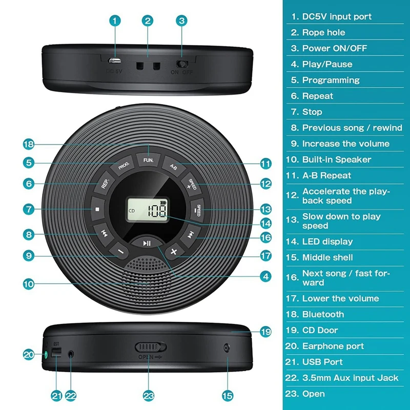 1500mAh Bluetooth CD Player with FM Transmitter Headphones AUX USB Anti-Skip Portable Discman for Car-AC17