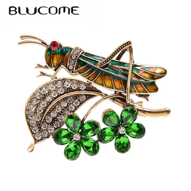 

Blucome Vintage Crystal Grasshopper Brooches For Women Locust Insect Pin Fashion Flower Brooch Autumn Jewelry