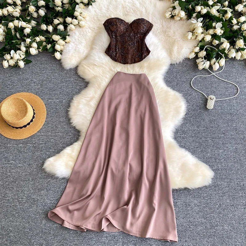 

Light Luxury Elegant Style Fashion Two-Piece Set for Women's Summer Slim Fit Strapless Sequined Vest High Waisted Skirt