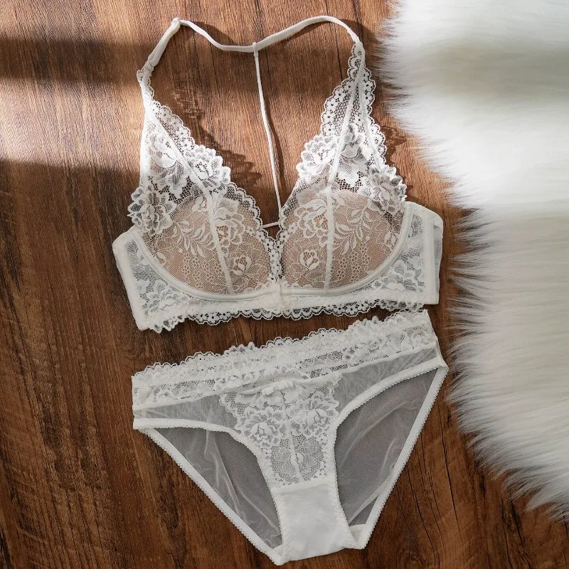 Ladies French See Through Lace Halter Bralette Wireless Thin Pad Small Bust Lift Anti Sag Sexy Minimal Pure Desire Lingerie  Set