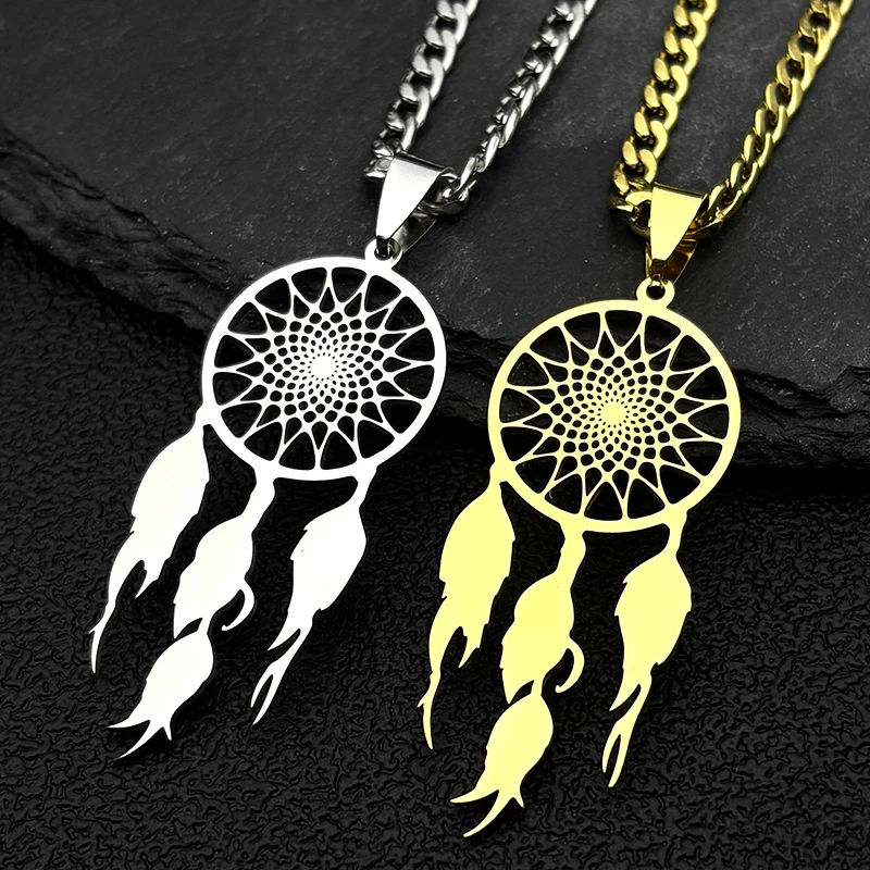 

Bohemia Hollow Dream Catchers Tassel Pendant Necklace for Women Men Stainless Steel Gold Color Dreamcatcher Chain Amulet Jewelry