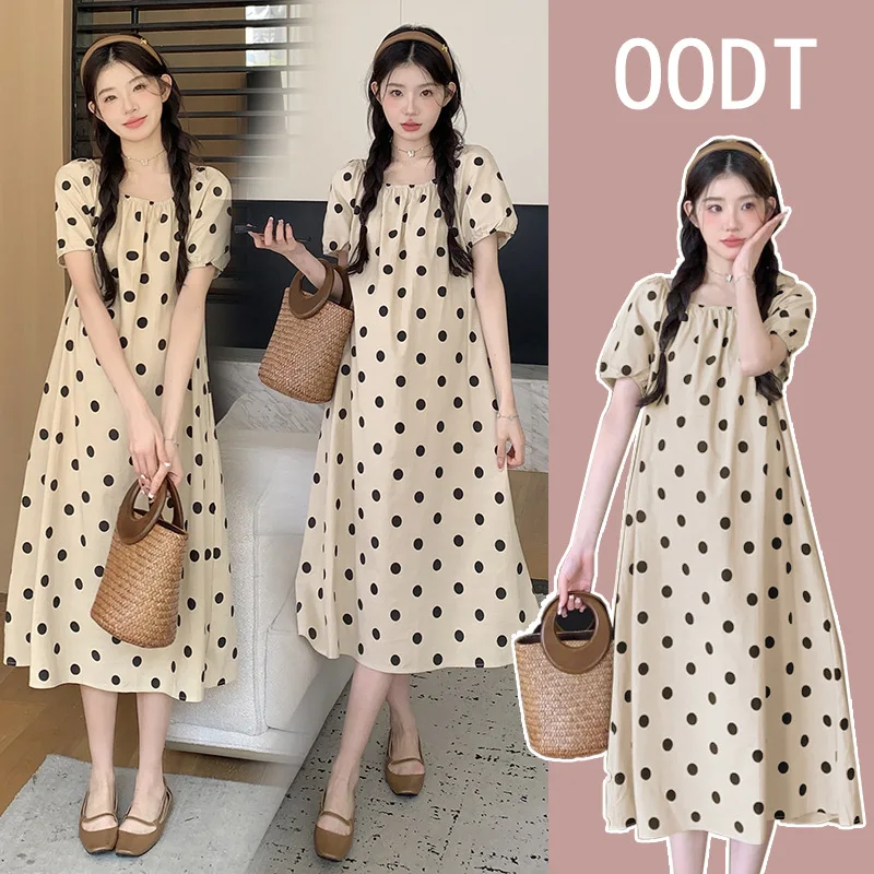 

French Style Pregnancy Dress Summer Polka Dot Tea Length Maternity Dress Flowy A Line Flattering Plus Size Chic Mommy Outfit