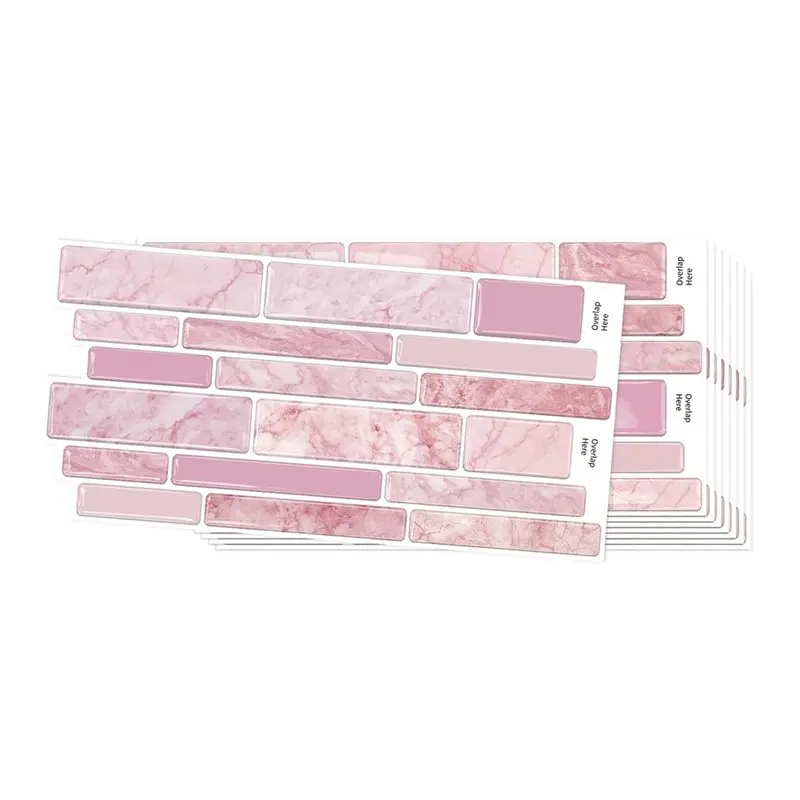 A93E-9.69X4.72Inch Marble Subway 3D Self Adhesive Wall Tile Sticker, Waterproof Backsplash For Kitchen Bathroom, Pink, 10Pcs