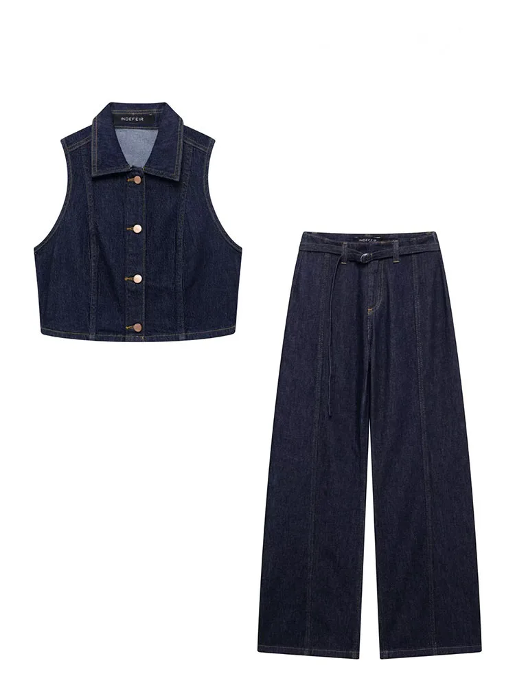 HH Women Fashion Pants Suit Lapel Single Breasted Sleeveless Vest Top+High Waist Zipper Belt Decorate Casual Wide Leg Pants