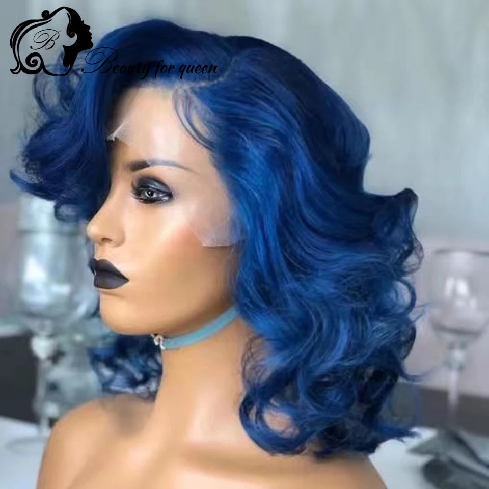 

Blue Body Wave Lace Frontal Wig Angel Hair 180%Density Human Hair Wigs 100%Human Hair Quality Blue Colored 13*4 Lace Front Wigs