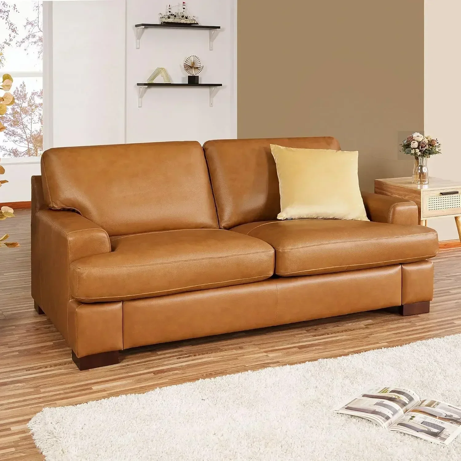 Durable Genuine Leather Loveseat  Luxurious Comfort Goose Feather Cushion Filling Square Arm Design Sturdy Block Legs Elegant