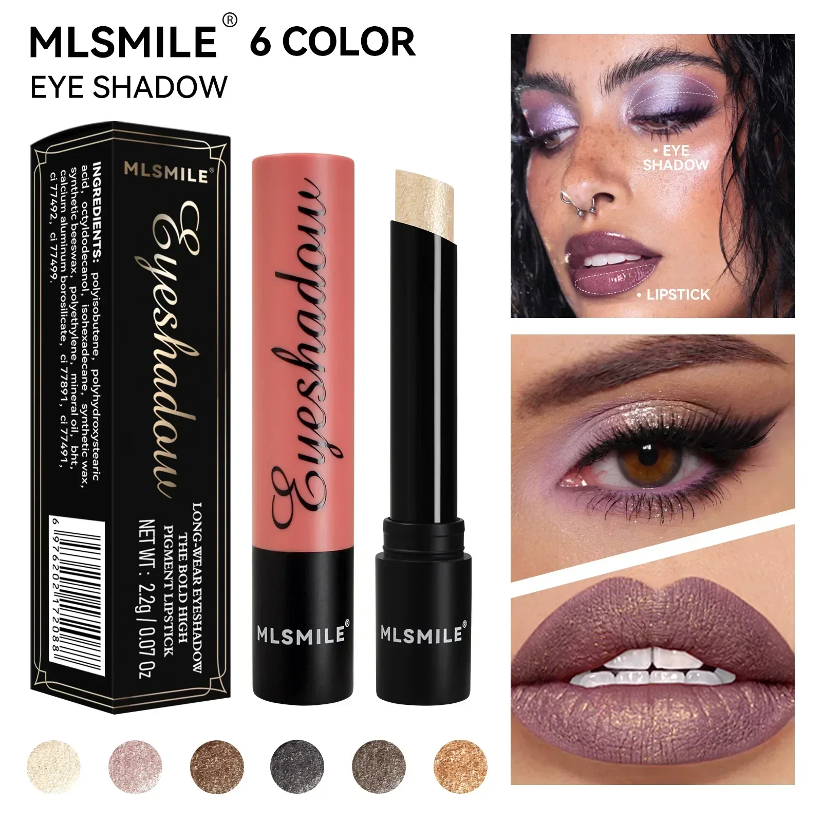 

MLSMILE New 6 Color Eye Shadow Silk Texture Shine Metallic Luster Long Lasting Waterproof Multi-function Eye Shadow Stick