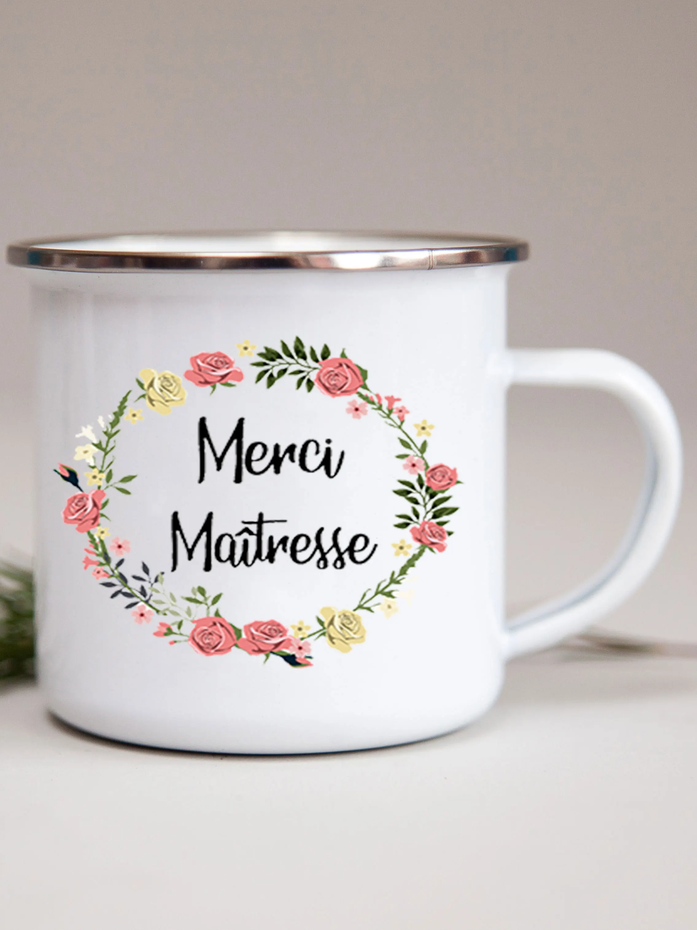 French Flower Printed Enamel Mugs Creative Coffee Mug Milk Wine Beer Drink Juice Cup School Home Handle Drinkware Teacher Gifts