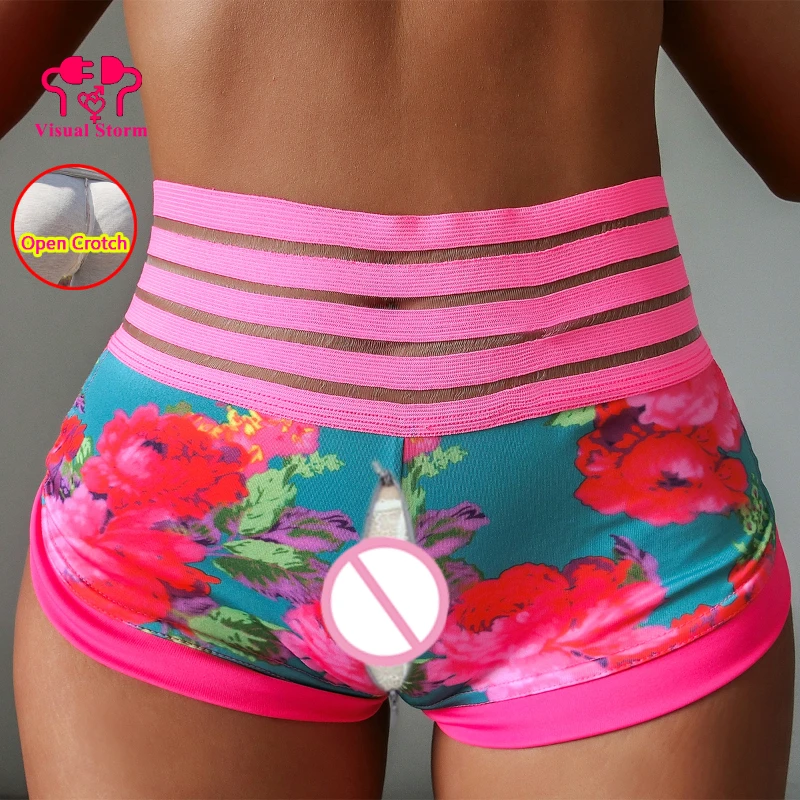 Open Crotch Woman Sexy Leggings Hidden Zippers  Pink Floral Printing Sport Mini Hot Pants Push Up Trousers Crotchless Clubwear