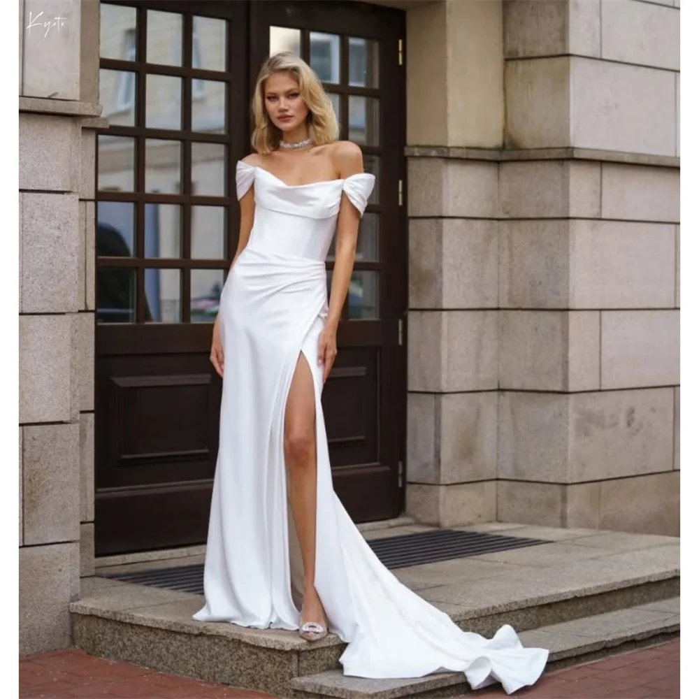 

Kyoto Customized Off Shoulder Mermaid Long Train Wedding Dress Side High Split vestidos de novia White Simple Evening Dresses