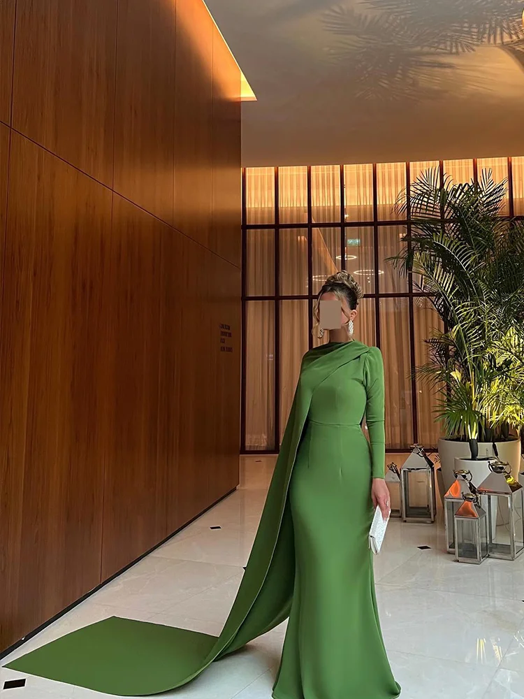 Jirocum Elegant Mermaid Green Evening Gown for Women Long Sleeve O Neck Party Prom Dress Floor Length Special Occasion Dresses