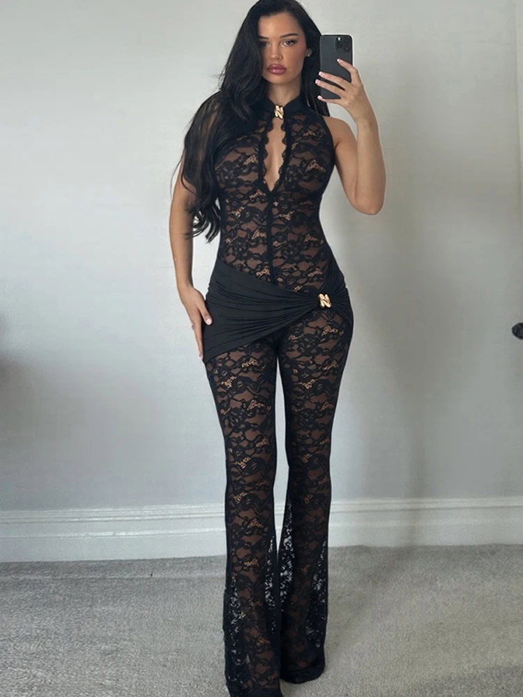Sisterlinda Streetwear Patchwork Jacquard Jumpsuit Woman Sexy Ruched Waist Metal Knot Stretch Skinny Midnight Workout Overalls