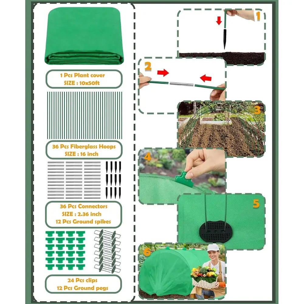 Winter Garden Frost Protection Reusable Cover with 36 Hoops & 12 Stakes, 10ft x 33ft Greenhouse Tunnel for Snow and Pest Defense