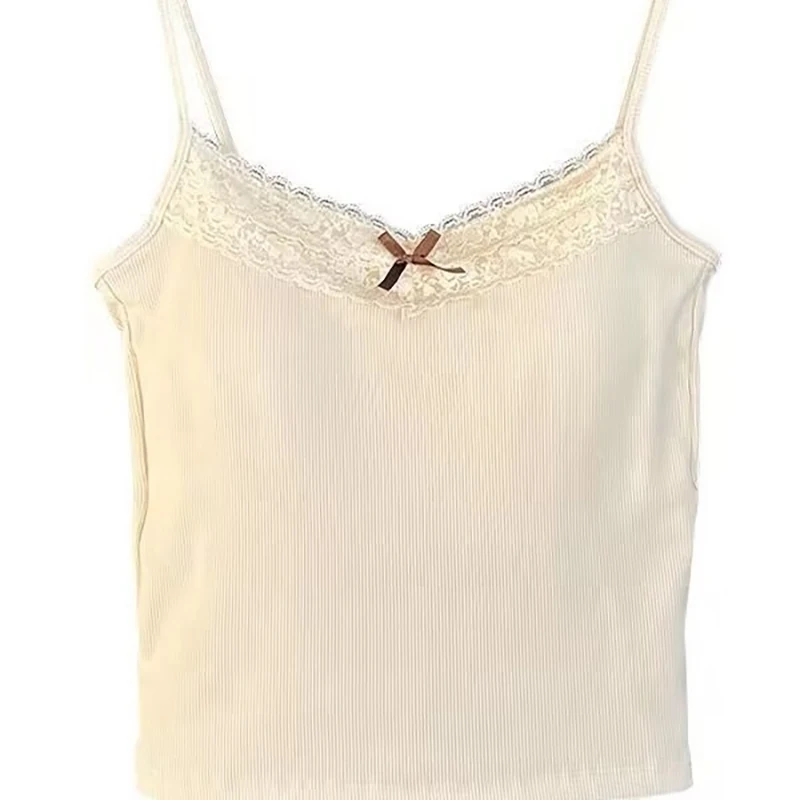 French Knitted Crop Top For Women Solid Color Lace Sling Tops Knitwear Tank Top Female Sexy Slim Camisole Sweet Short Beau Top image 5