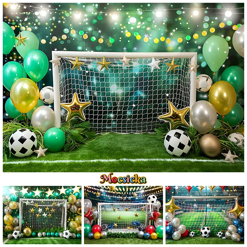 

Football Baby Photography Background Green Grass Field Balloon Baby Newborn Birthday Backdrop Party Decoration Fond Photo Studio