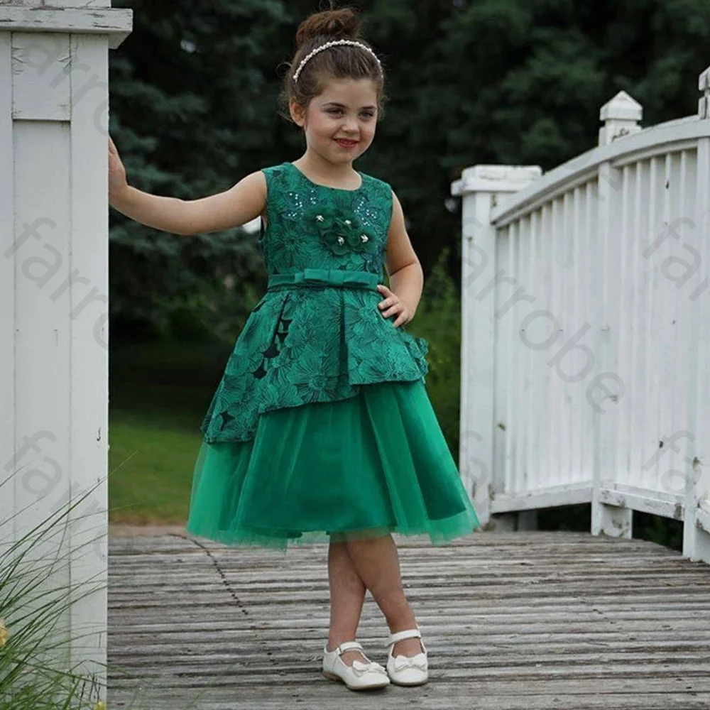 Customized Lovely Green Flower Girls Lace Dresses O Neck Sleeveless A Line Sequined Casual Wear Children Clothing Vestido Kids