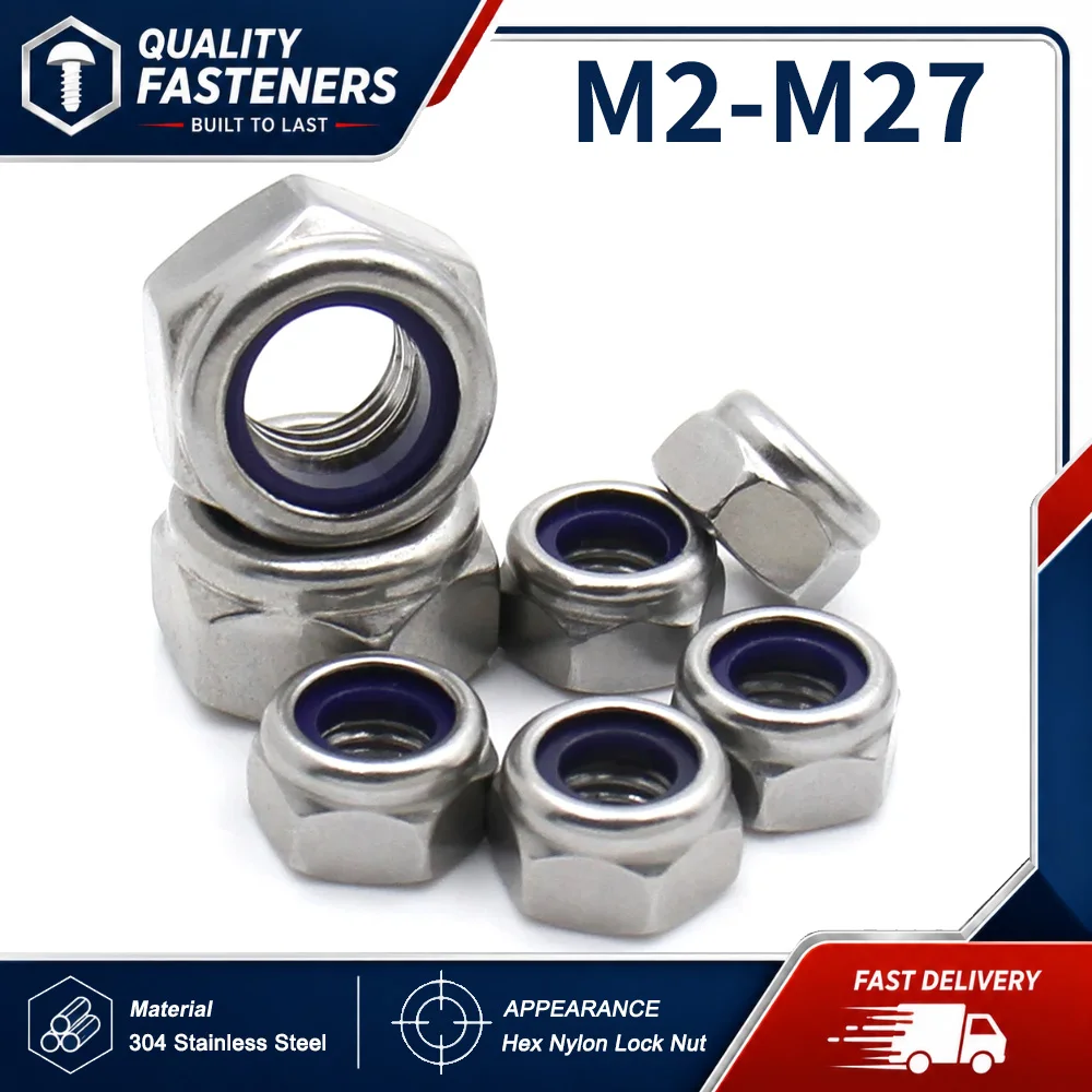 1-40PCS 304 Stainless Steel Hex Nylon Insert Lock Nuts Self Locking M2-M27