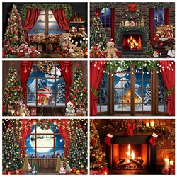 Christmas Fireplace Theme Backdrop for Photography Burning Fireplace Xmas New Year Winter Family Party Decor Photo Background