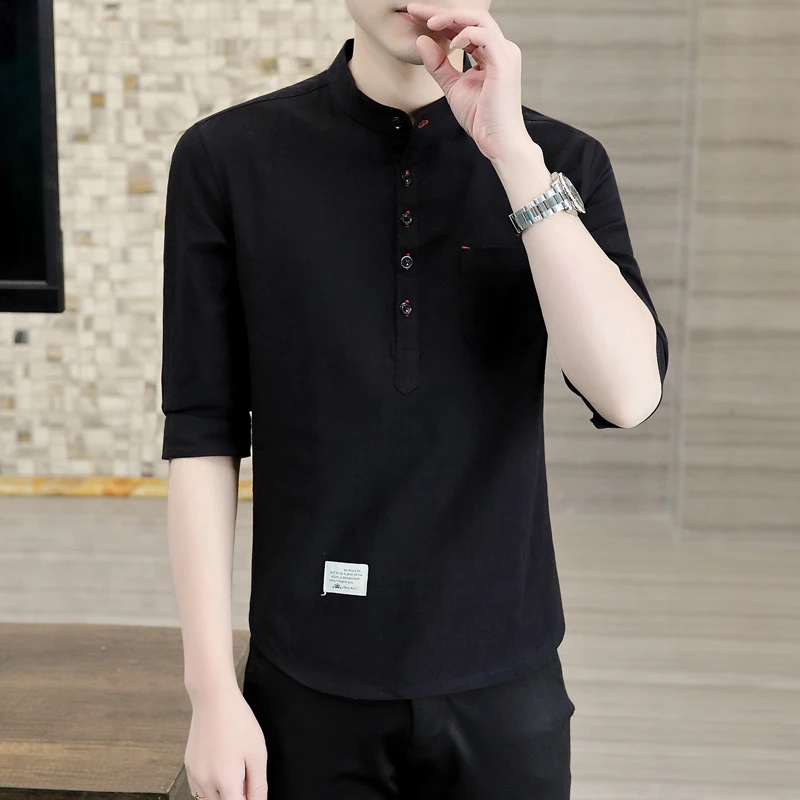 

Slim Fit Men's irt Summer ort Sve Stand Collar Five-Quarter Length Casual Faion Busin High-End Cotton Plain Color