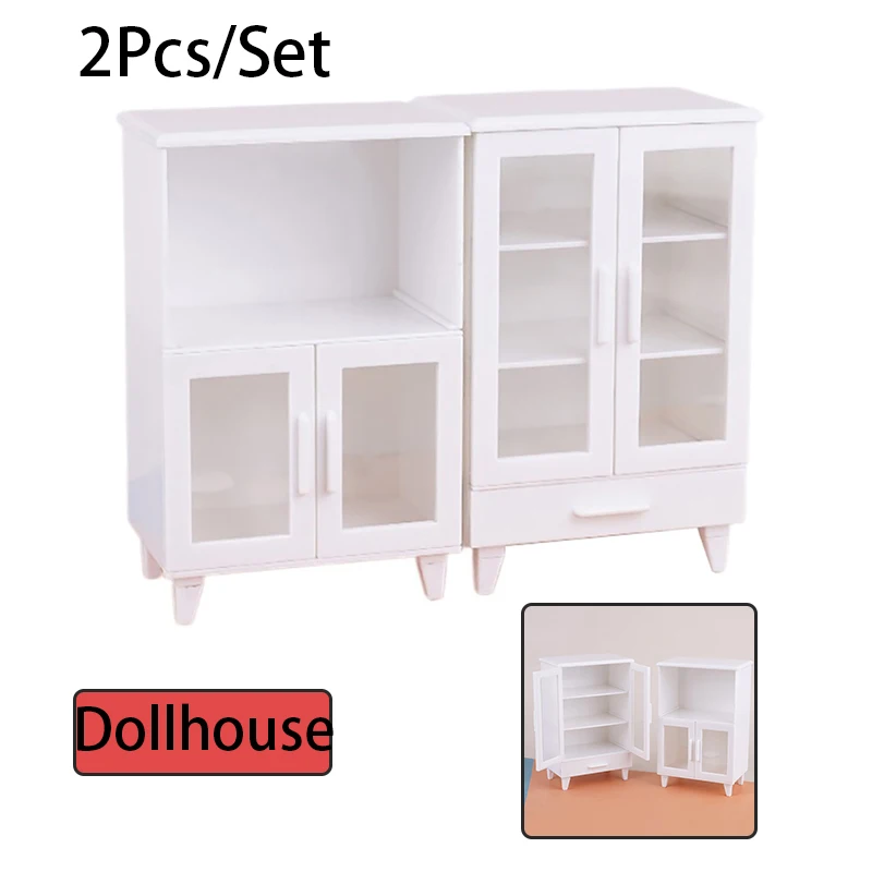 2Pcs 1:12 Dollhouse Miniature White Cupboard Display Cabinet Storage Lockers Furniture Model Decor Toy Doll House Accessories