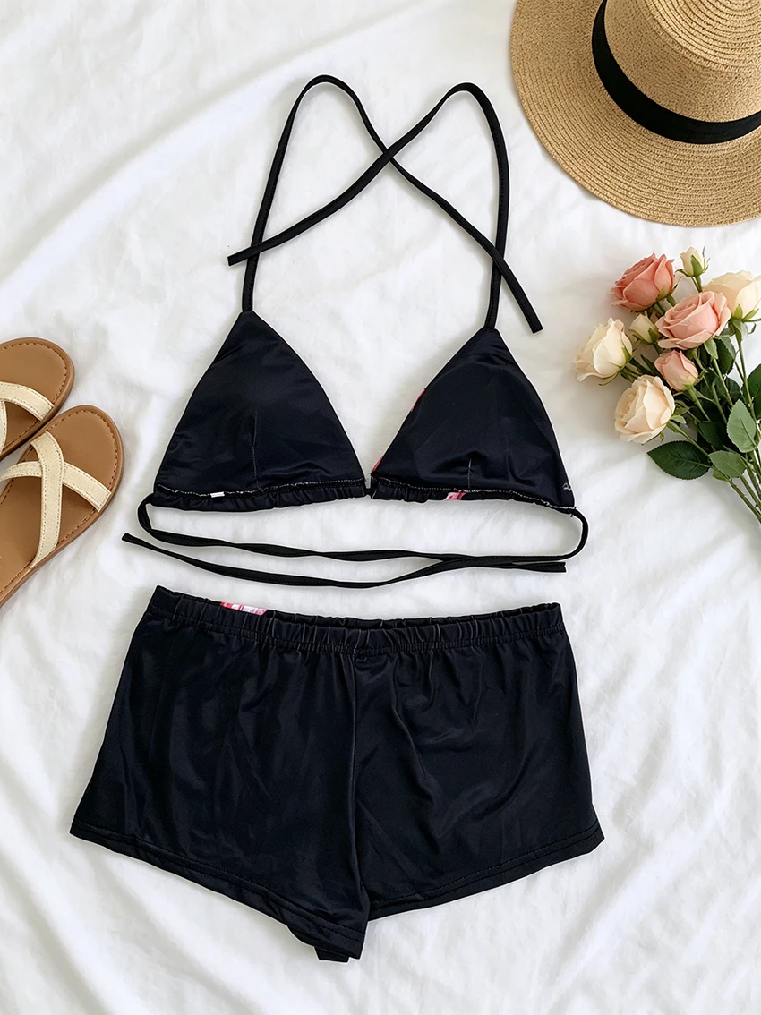 

Y2K Tropical Women Lily Floral Print Swimwear Set Crisscross Halter Bikini Top with Boyshort Bottom Vacation Pool Party Outfit