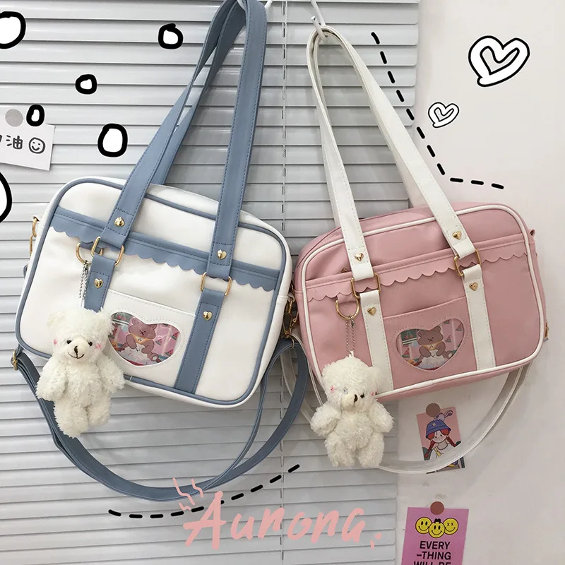 

Japan Style JK Handbag For Cute Girl Transparent Cartoon Pictures Crossbody Shoulder Bag With Plush Pendant Loli Matching Bag