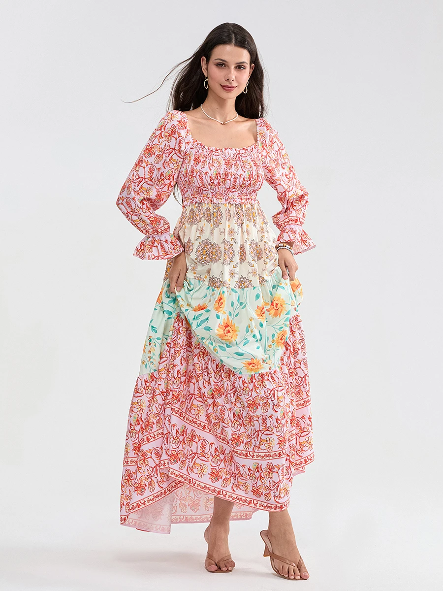 Vestido Boho Longo Floral Feminino, Shirred, Gola Quadrada, Manga Longa, Vestido Flowy Ruffled em Camadas para Diário, Escritório, Viagem, Festa, Moda