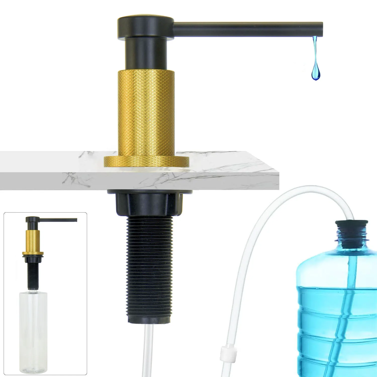 304 Stainless Steel Built-In Kitchen Sink Soap Dispenser, Press Pump with 17oz Bottle & 120mm Extension Tube