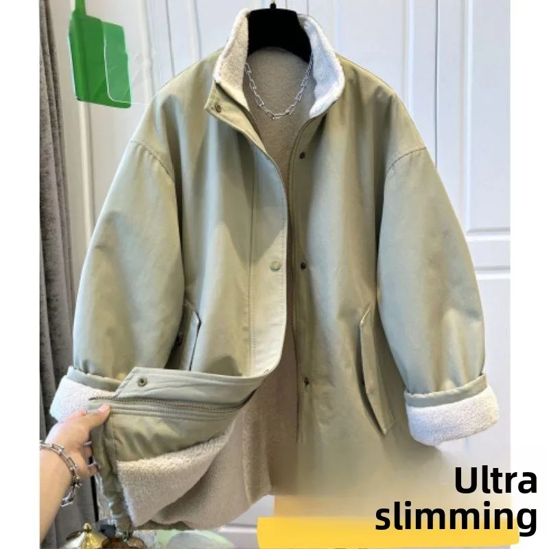 

Thiened Fce Warmth Windbreaker Jaet ex Oversized Casual Loose Fit Autumn Winter Stand Collar Coat for Men And Women