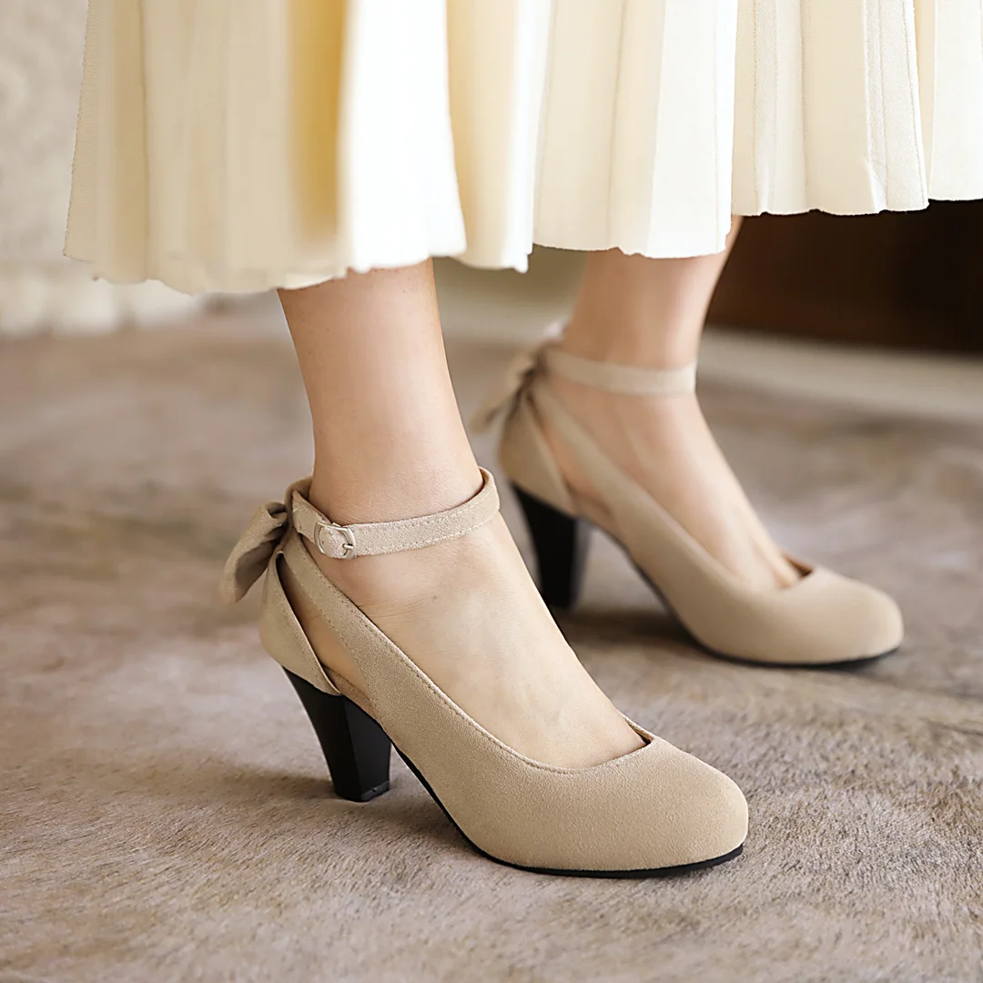 Summer Women Suede Bridal Party Office Dress Shoes High Spike Heels  Chunky Closed Toe Ankle Strap Wedding Pumps Lolita Back Bow