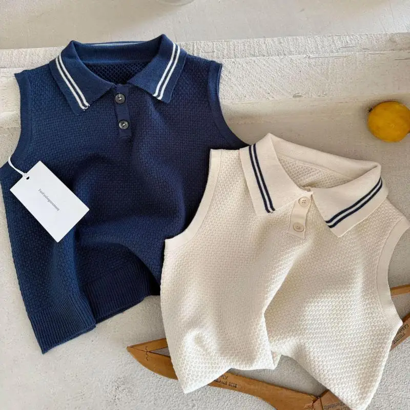 

2026 Summer New Children Sleeveless Vest Toddler Boys Solid Casual Vest Coat Baby Girls Cotton Lapel Tops Kids Clothes