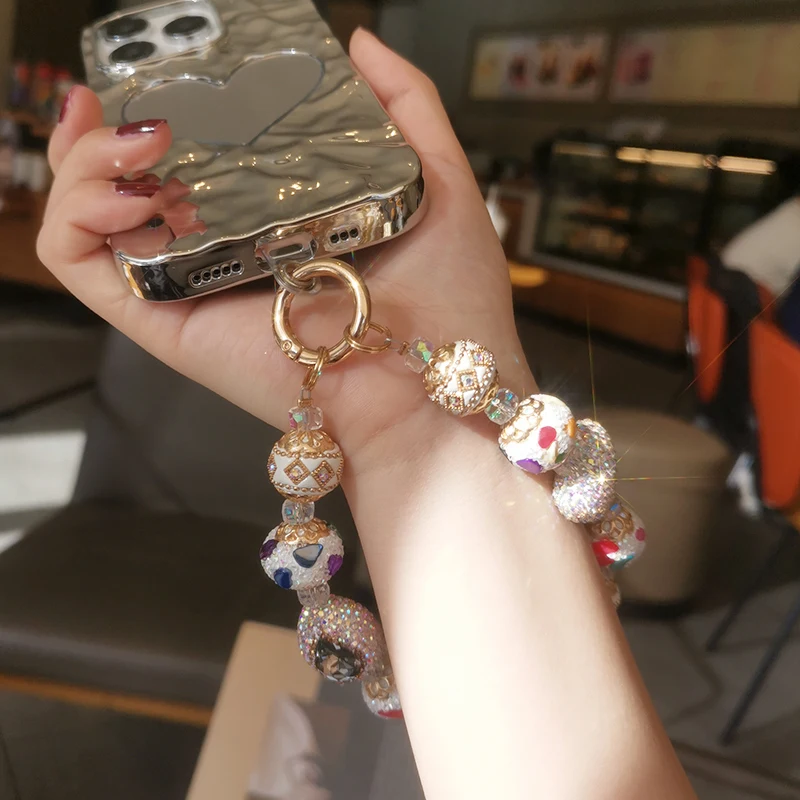 Mobile Phone Lanyard Short Color Diamond Gemstone Wrist Luxury Full Diamond Love Pendant Sparkling Crystal Bead Antiloss Lanyard