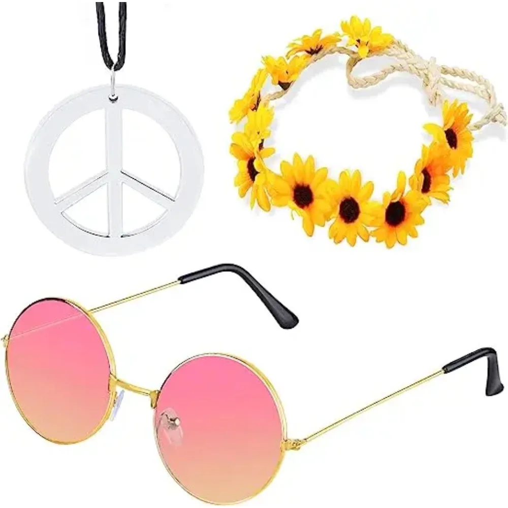 PESENAR-Conjunto de disfraz Hippie para mujer, gafas Retro Vintage, collar de signo de la paz, corona de girasol, banda para el cabello, estilo de los años 70, años 60
