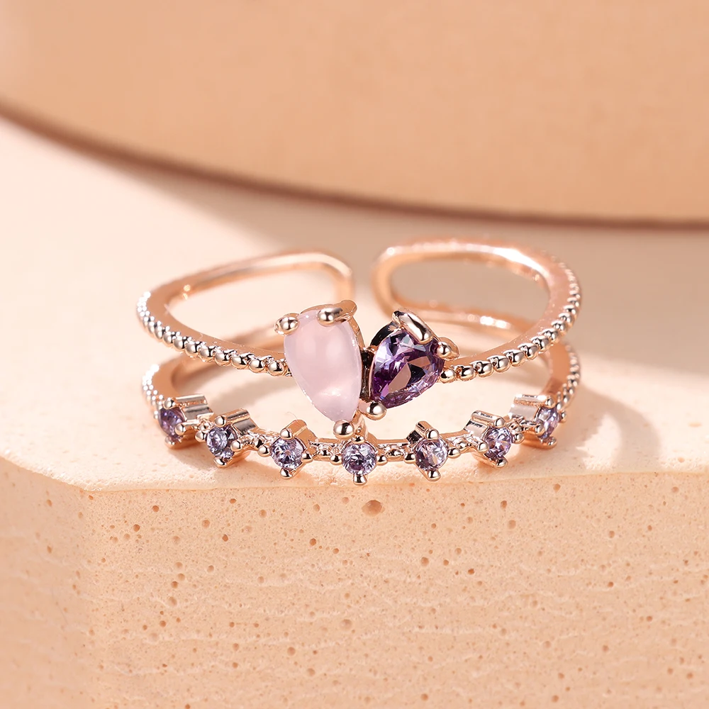 Female Delicate Small Water Drop Purple Crystal Rings For Women Silver Color Adjustable Pink Zircon Wedding Bands Party Jewelry