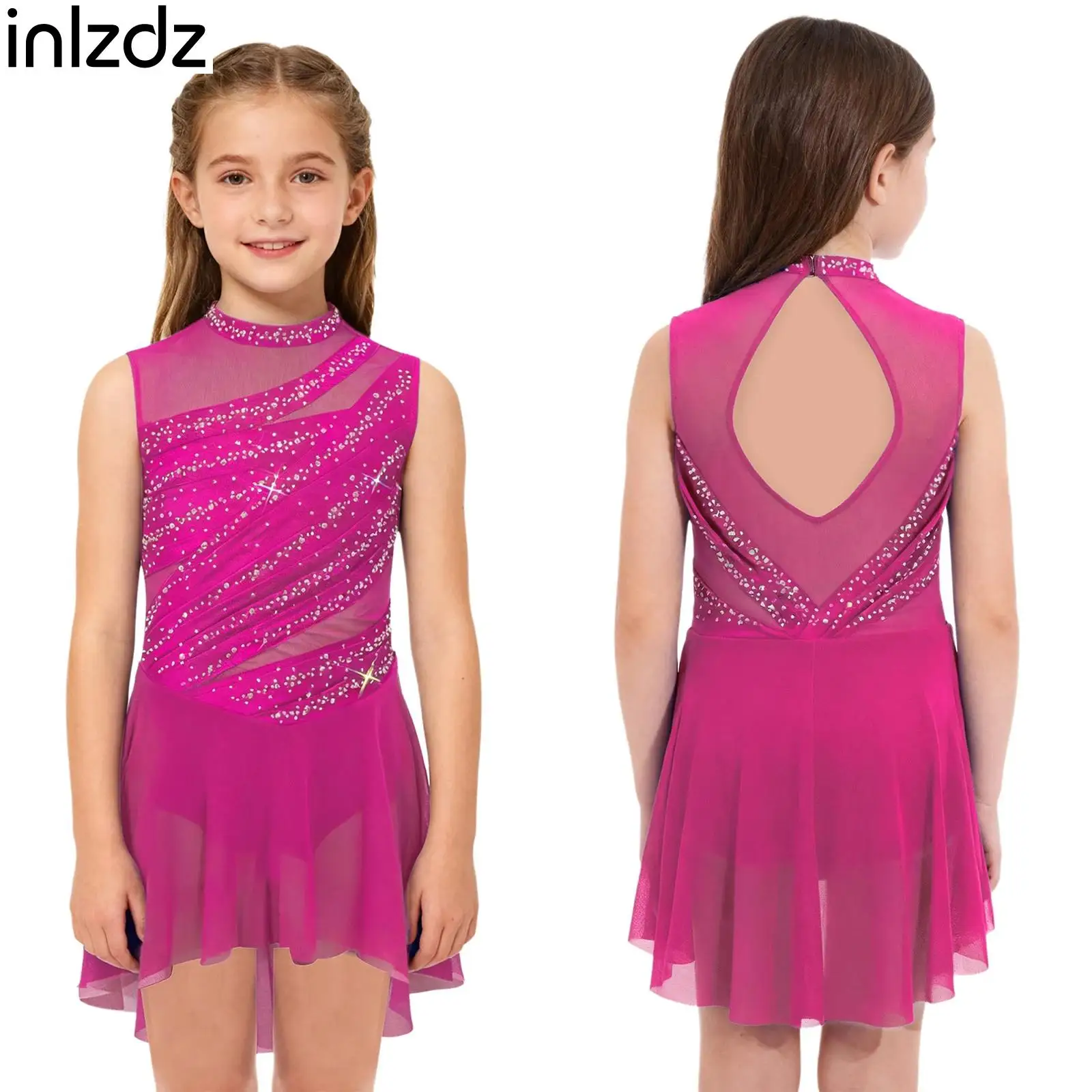 

Kids Ballet Jersey for Girls Artistic Figure Skating Lyrical Modern Dance Costume Rhinestone Sleeveless Ruched Dress Dancewear