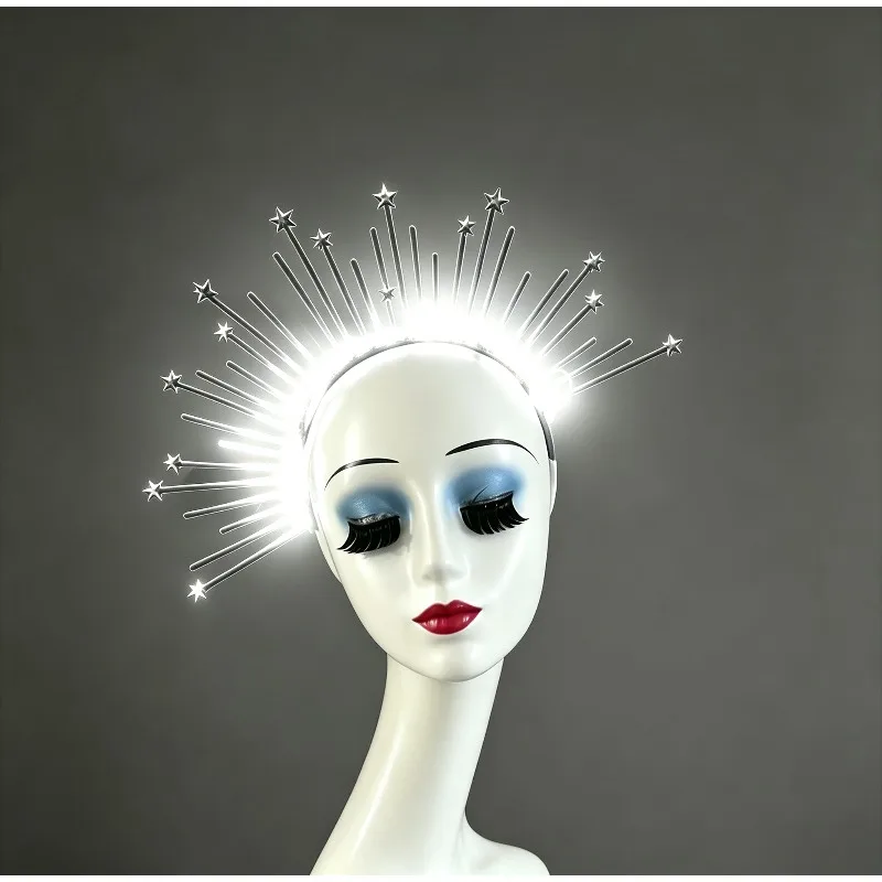 LED Sunburst Halo Crown Headband Gold Starburst Light Up Headpiece for Women Festival Wedding Party Costume Hair Accessory