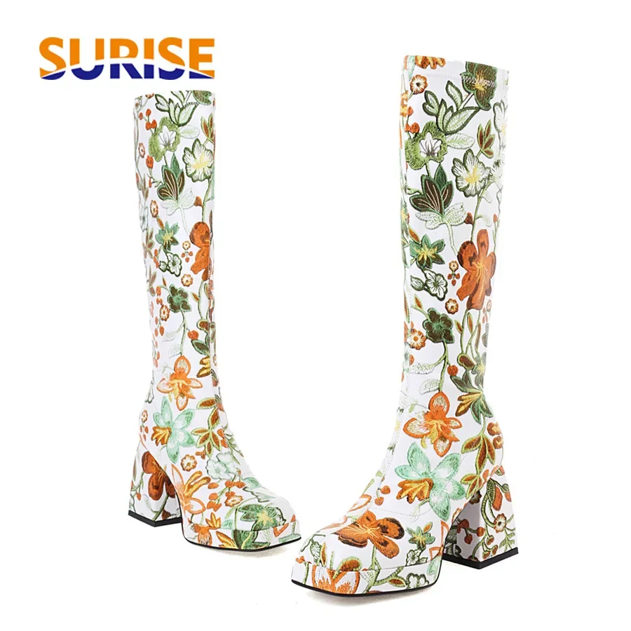 Stivali invernali da donna al ginocchio con plateau verde colore misto fiore tacchi alti e spessi punta quadrata da donna Slip-on stivali lunghi in