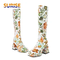 Stivali invernali da donna al ginocchio con plateau verde colore misto fiore tacchi alti e spessi punta quadrata da donna Slip-on stivali lunghi in peluche caldi
