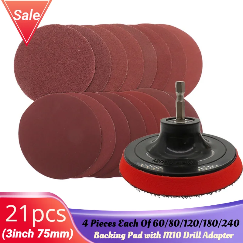 

21pcs/set 3inch 75mm Sanding Disc Sandpaper Hook Loop Backing Pads M10 Thread Angle Grinder Abrasive Polishing Tools