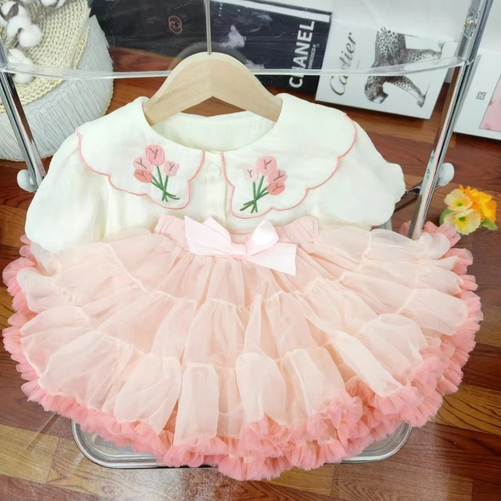 Bear Leader Summer Sweet and Cute Girl\'s Clothing Embroidered Flower Doll Collar Short Sleeve Top+Mesh Puff Skirt Two Piece Set