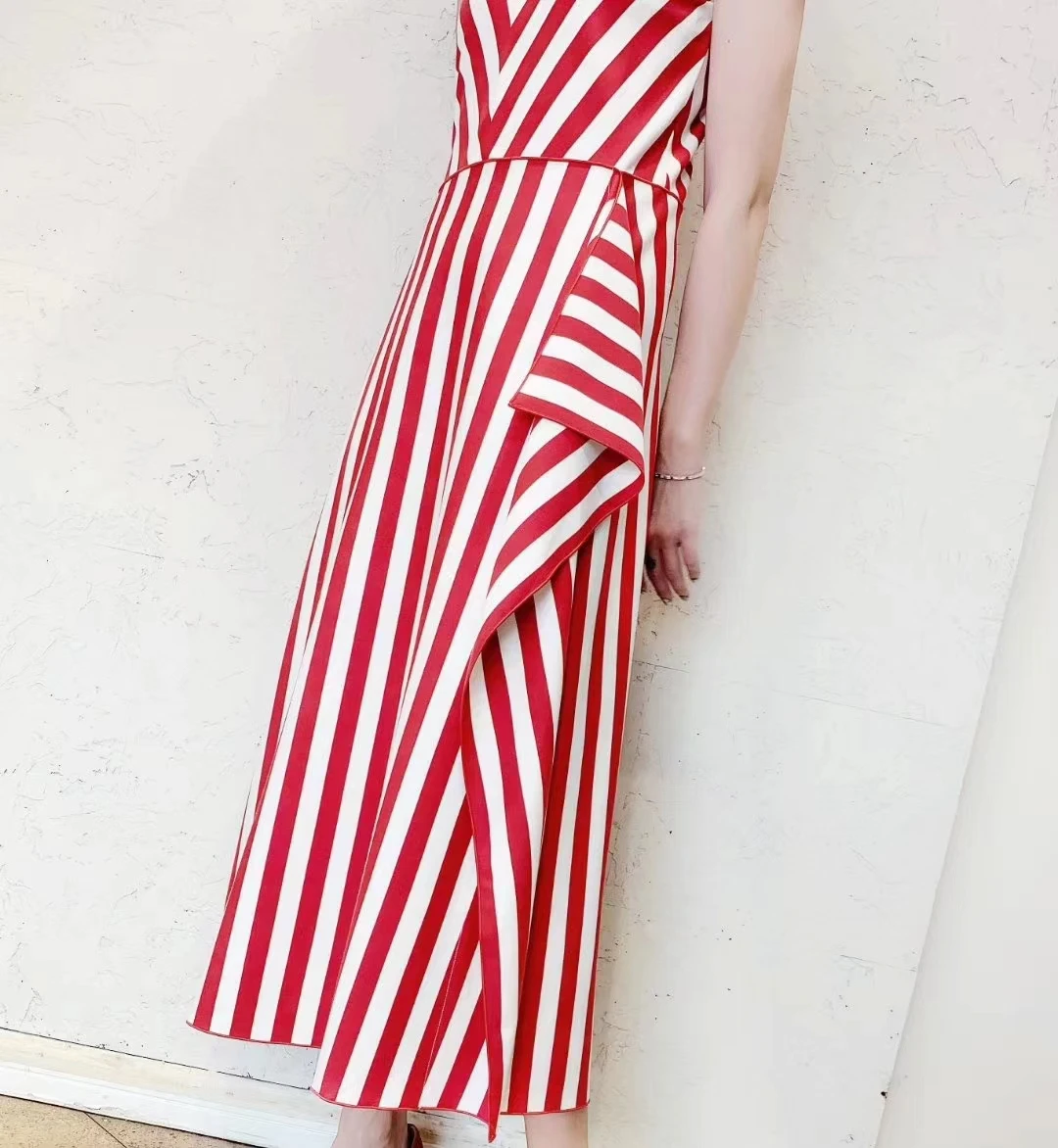 fenggejiwo striped dress V-neck vertical striped A-line skirt knitted slim fit medium long stretch fabric long skirt